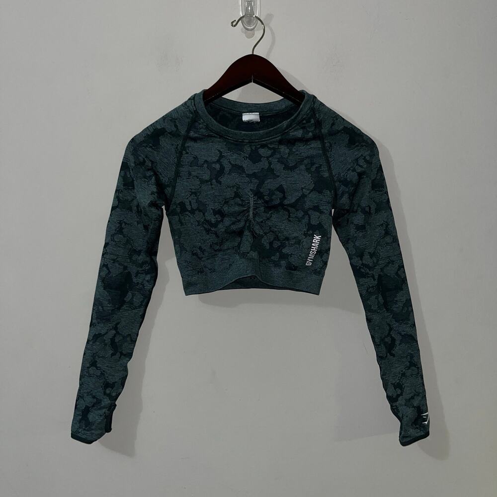 Green Marbled Gymshark Adapt Camo Cropped Long Sleeve Athletic Top (0716)
